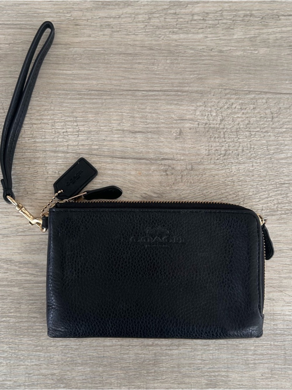 Coach Double Zip Wallet Wristlet Refined Pebbled Leather Black Smooth